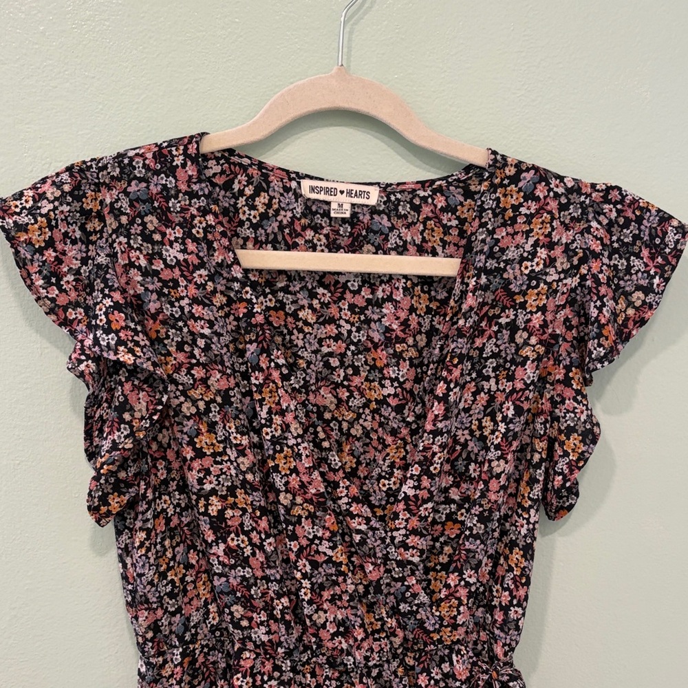 Inspired Hearts Black Floral Tie-Waist Wrap Dress